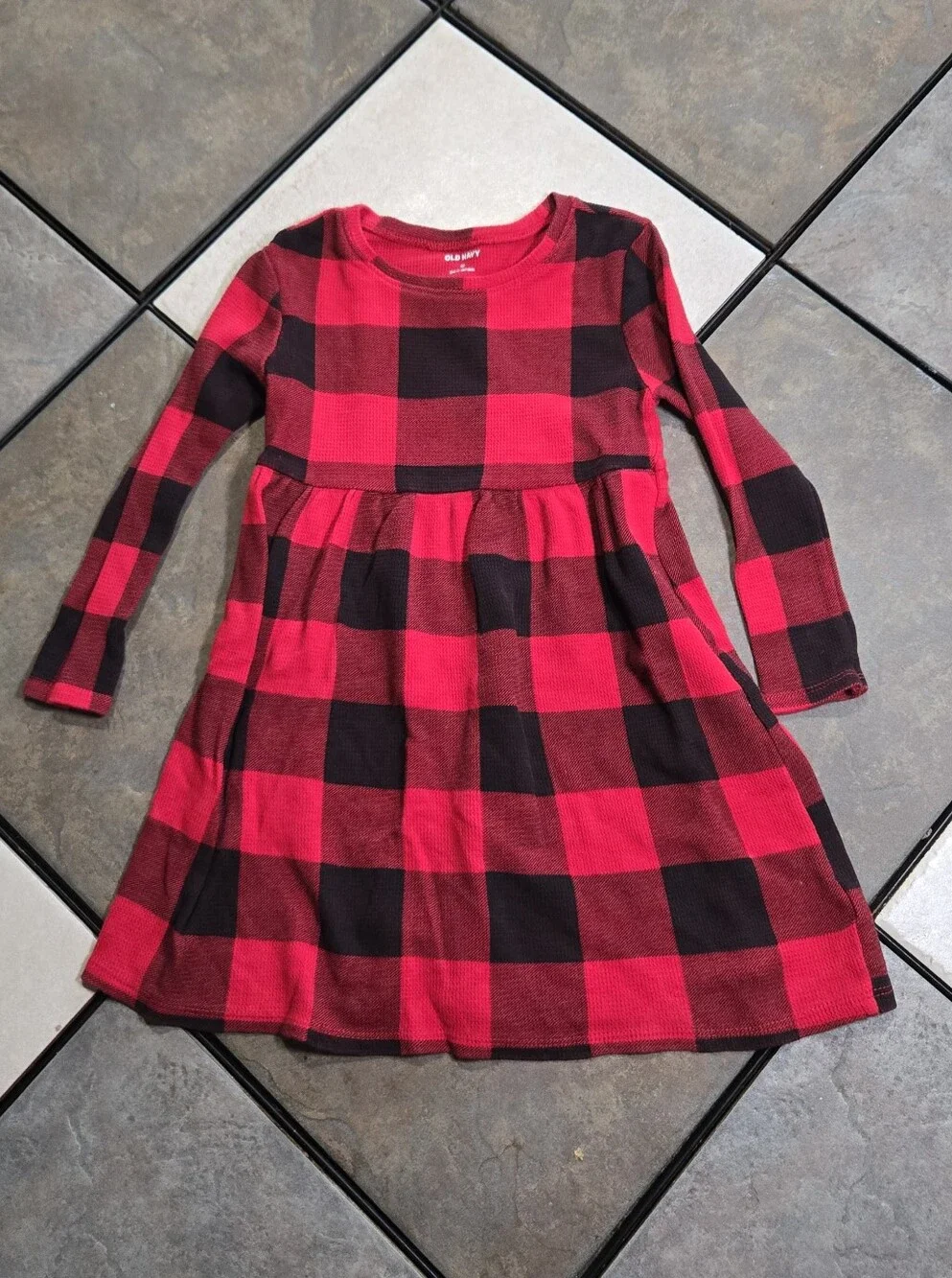 Old Navy Buffalo Plaid Dress Girls 4T Red Black Waffle Knit Holiday Cozy Classic